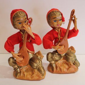 Vintage pair Tilso Christmas elves pixies playing instrument. Made in Hong Kong